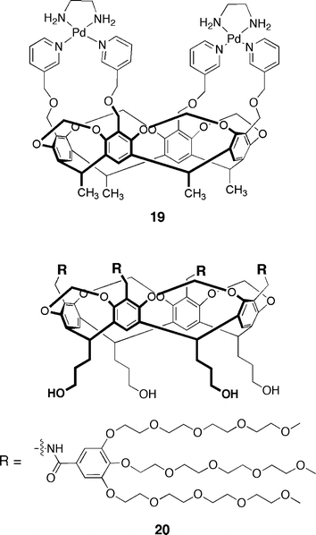 (left) Structure of Pd(ii)-pyridine complexed cavitand19; (right) water-soluble cavitand20 bearing polyethylene glycol solubilizing groups.