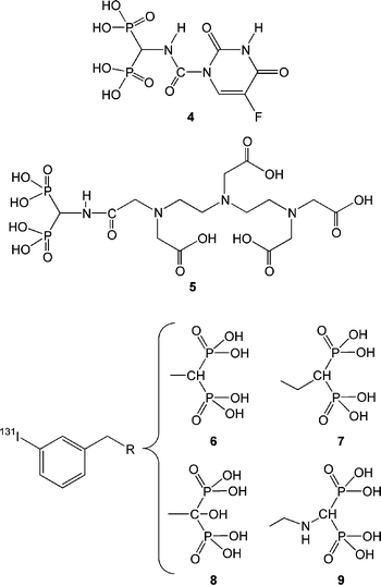 Recently reported anticancer agents developed specifically for bone tumors. Compound 4 is a BP conjugate of the wide spectrum anticancer agent, 5-fluorouracil. Compound 5 is a BP conjugate of the radioisotope chelator diethylenetriaminepentaacetic acid (DTPA). Compounds 6–9 are BPs with a benzene ring in the R2 side-chain that is capable of 131I addition.