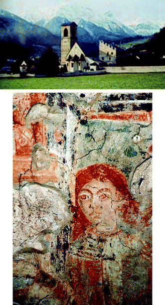 Picture of the Monastery of Müstair, Switzerland (certified World Cultural Heritage of UNESCO) (top) and part of the lowest layer fresco of the southern wall of the main church of the Monastery (bottom). Copyright by Oskar Emmenegger, Stöcklistrasse, 7205 Zizers, Switzerland.