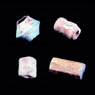 Bead 1 (top left corner), with a faience layer, contains Han Purple and Ultramarine Blue and has a white core. It dates from 777–766 BC.35 Bead 2 (top right corner), with a faience pigment layer, contains Han Blue and Ultramarine Blue and has a coloured core. It dates from the 8th–6th century BC. Origin: the archaeological excavation site Li County (Northwestern China). Bead 3 (bottom left corner) is composed of a heterogeneous, compact blue body (Han Blue) which is part of the class of the sinter minerals that are rich in lead and barium. Excavated and dated: spring and autumn period (770–476 BC).36 The octagonal stick (bottom right corner), dates from 5th–3rd century BC37,38 and is composed of equally coloured sinter material rich in lead and barium, partly crystallised and partly glassy with a decomposed, partly whitish surface.26
