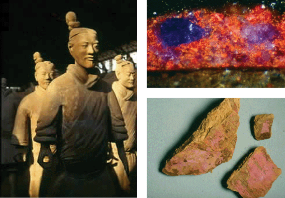Fragments of the trousers of a Warrior of the Terracotta Army, Xian, China, painted purple (fragments 003–92) (bottom right) and a microscopic cross section through a pigment layer of one of the above-mentioned fragments (top right). Purple fragments correspond with Han Purple. Red particles are composed of vermilion. Horizontal extent: 22 mm. Under the pigment layer, there is a layer of varnish and farther below there is clay.