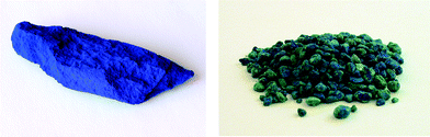 A piece of industrially produced Ultramarine Blue (left) and Maya Blue produced from sepiolite (right). The sepiolite stems from commercially available cat litter.