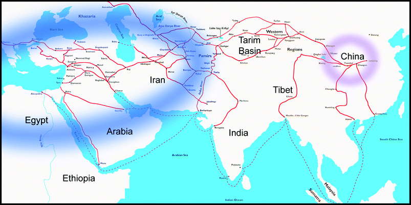 Atlas showing the approximate ancient distribution of Egyptian Blue (blue) and Han Blue and Purple (pink). Red lines indicate the many ways of the silk roads, along which not only trading occurred but also exchange of ideas.