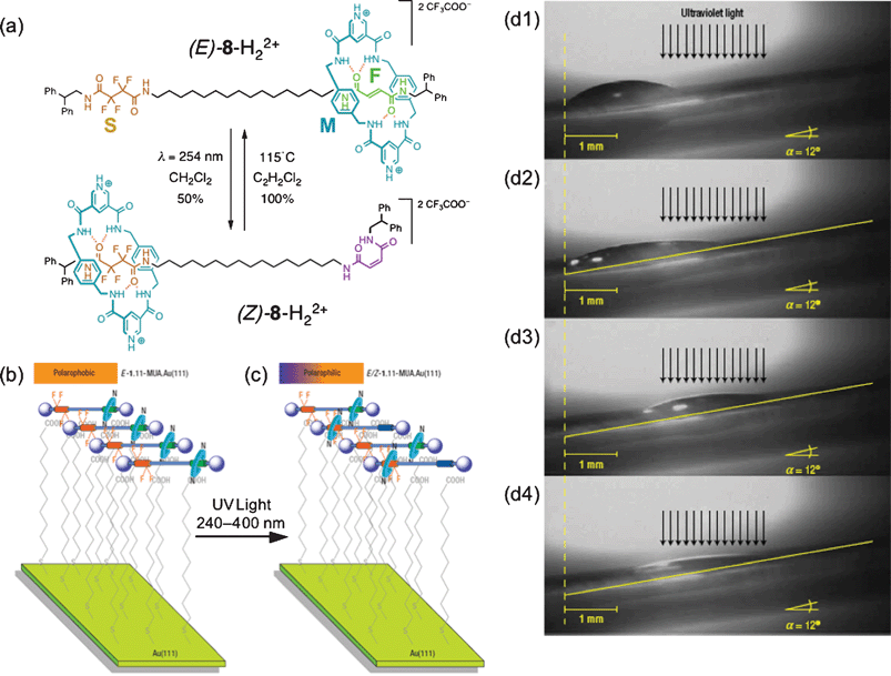 (a) Photochemically and thermally induced switching of the [2]rotaxane (E/Z)-8-H22+ containing a polarophobic and a polarophilic units on its dumbbell component. (b) and (c) Photoresponsive behavior of Au{111}-surfaces functionalized with 11-MUA and molecular shuttle (E/Z)-8-H22+. (d1–d4) Lateral photographs of photo-driven transport of a 1.25 µL diiodomethane drop on a (E/Z)-8-H22+.11-MUA.Au{111} substrate on mica up a 12° incline. (Redrawn with permission from ref. 134. Copyright (2005) Nature Publishing Group.)