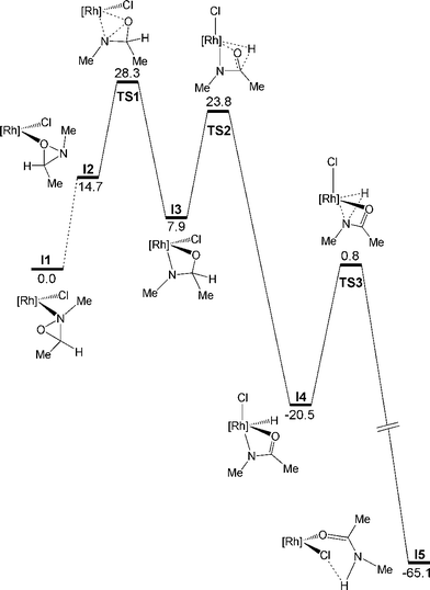 DFT potential energy surface for the Rh-catalyzed rearrangement. Energies are given in kcal mol–1and [Rh] = Rh(cod).