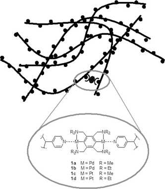 Schematic picture of PVP cross-linked with bimetallic compounds 1a–d. Triflate counter ions are omitted for clarity.