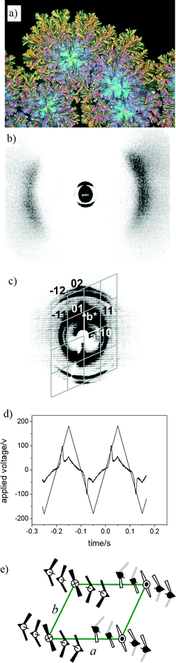 The mesophase of compound 3-En: (a) optical photomicrograph (crossed polarizers) at 168 °C during growing from the liquid state (dark region); (b) XRD pattern obtained for a partially aligned sample at 162 °C, intensity of the isotropic liquid is subtracted to enhance the visibility of the anisotropic distribution of the diffuse scattering (the slightly higher intensity at the top right suggests a synclinic tilt of the molecules); (c) small angle pattern at 162 °C; (d) switching current response attained under a triangular wave field (360 Vpp, 5 Hz, 5 µm, 155 °C); (e) model of the organization in the ribbon phase (only 5 of the 8–9 molecules located in the cross section of the ribbons are shown).