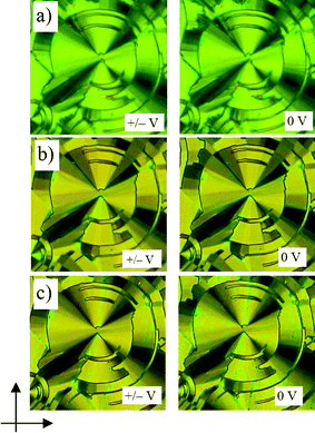 Circular domains with extinction crosses as grown under a triangular wave voltage (300 Vpp, 100 Hz, 5 µm) for compound 1-Si, their position under the applied field (left) is compared with that after switching off the applied field (right): (a) SmC phase at 172 °C; (b) ColobPA phase at 160 °C; (c) ColobPFE phase at 140 °C; the positions of the extinctions are inclined with the polarizers (indicated by arrows) which indicates a synclinic organization in all mesophases; in (a) and (c) the circular domains are smooth indicating a smectic phase, a segmented structure can clearly be seen in (b), there is a slightly lower birefringence in the 0 V states for (b) and (c) which is typically seen for a polar switching by rotation around the long axis.