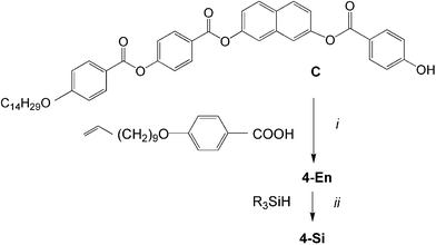 Synthesis of monofunctionalized compounds 4-En and 4-Si (R3SiH = Me3Si(OMe2Si)2H). Reagents and conditions: i: DCC, DMAP, CH2Cl2, ii: Karstedt’s cat., toluene, 25 °C, 48 h.