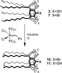 Ring-closing metathesis of resorcinarene-based tetraenes 3 and 7 into polycyclic dienes (11 and 10, respectively).