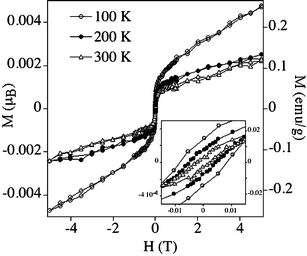 Hysteresis loop of magnetisation of the Pd nanoparticles at 100, 200 and 300 K.