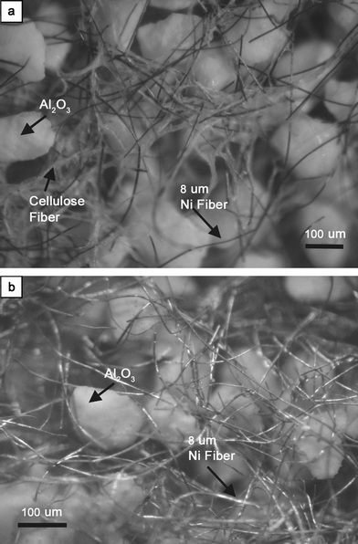 Optical photographs of microfibrous structure prepared using 8 µm Ni fibers with 100–200 µm Al2O3 particulates. (a) preform paper, (b) after pre-oxidizing in air at 500 °C for cellulose removal and subsequently sintering in H2 at 950 °C for 45 min.
