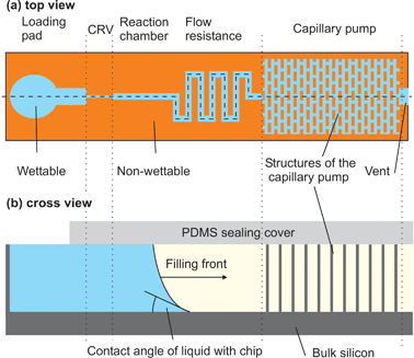 Encoding flow rates of a liquid in a CS using a capillary pump. (a) The capillary pump is the principal structure determining the flow rate of the liquid in the CS and can therefore be designed to program this flow rate. A chip having one or several CSs has a typical area of 1 cm2. The capillary retention valve (CRV) prevents the reaction chamber from drying out. (b) The pumping power of a capillary pump depends on the contact angles of the filling liquid with its walls and the characteristic dimensions of its structures. The various parts in the scheme are not to scale.