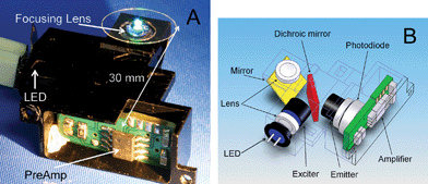 (A) A photograph of the integrated detection system, assembled in a metal housing. The location of the LED light source, focusing lens, and preamplifier are indicated by arrows. (B) Schematic of the optical system. Light emitted from the blue LED is collimated by a lens, passes through the excitation filter, and is reflected from the dichroic mirror; after being redirected by a conventional mirror, it is focused on a sample by a second collimating lens. The fluorescence light from the sample is then collimated by the same lens, redirected by the mirror, passes through the dichroic mirror, and is detected by a photodiode after being filtered by an emitter filter. The signal from the photodiode is immediately amplified by the first amplification stage, which is also located inside the housing.