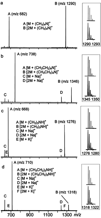 ESI spectra of pyrogallarene 1 with alkyl ammonium ion 2a+–d+ in 2 : 1 ratio. The inserts show the experimental isotope patterns (curves) of dimeric capsules (B) and those calculated on the basis of the natural abundance (line spectra), which agree well with each other.