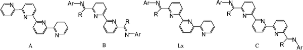 Quaterpyrine (A), bis(imino)bipyridine (B), terpyridylimine (Lx) and bis(imino)terpyridine (C); R = H or methyl, Ar = aryl group.