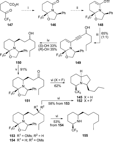 Reagents and conditions: i, (S)-phenylglycinol, condensation; ii, 5-Cl-2-NTf2-pyridine; iii, hept-1-yn-3-ol, PdCl2(PPh3)2, CuI, Pri2NH, THF, rt; iv, H2 (50 psi), PtO2, PhMe; v, Dess–Martin periodinane, CH2Cl2; vi, H2, Pd(OH)2, EtOH, rt.
