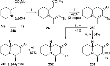 Reagents and conditions: i, MeOH, rt, 20 h; ii, LDA, THF, −78 °C, 5 min; iii, NaBH4, MeOH, rt, 30 min; iv, (COCl)2, DMSO, CH2Cl2, −78 °C, 30 min, then NEt3, rt, 18 h; v, DCC, DMSO, py, C6H6, 0 °C, then TFA, rt, 18 h; vi, LiDBB, THF, 0 °C, 2 min.