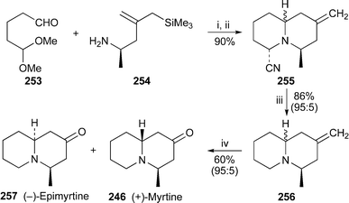 Reagents and conditions: i, 4 Å molecular sieves, MeCN, 0 °C, 2 h and rt, 12 h, then TFA, 0 °C, 2 h; ii, NaCN, H2O, 0 °C, then rt, 4 h; iii, NaBH3CN, MeCN; iv, TFA, then O3, CH2Cl2–MeOH, −78 °C, 5 min, then Me2S, rt, 12 h.