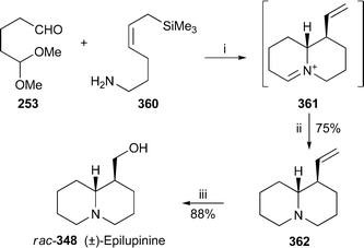 Reagents and conditions: i, 4 Å molecular sieves, MeCN, 0 °C, then rt, 12 h, then TFA, 0 °C, 2 h and rt, 12 h; ii, Et3SiH, MeCN, reflux, 24 h; iii, TFA, then O3, Et2O, −78 °C, 5 min, then LiAlH4, THF, rt, 12 h.