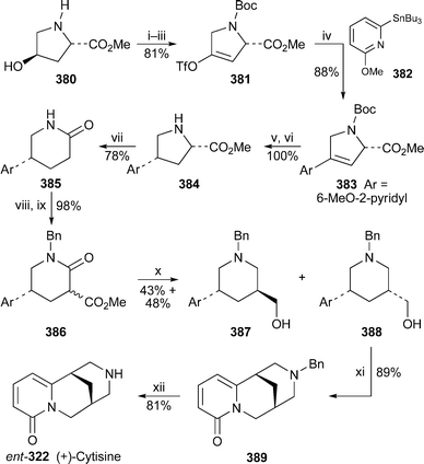 Reagents and conditions: i, (Boc)2O, NEt3, CH2Cl2, rt; ii, (COCl)2, DMSO, NEt3, CH2Cl2, −40 °C to rt; iii, LiHMDS, 5-Cl-2-NTf2-pyridine, THF, −78 °C to −20 °C; iv, 382, Pd(PPh3)4, LiCl, CuI, THF, 65 °C, 4 h; v, H2 (1 atm), 10% Pd/C, MeOH, rt, 2 h; vi, TFA, CH2Cl2, 0 °C, then rt, 2 h; vii, SmI2, THF–HMPA, MeOH, 0 °C, then rt, 40 min; viii, NaH, BnBr, THF–HMPA, 0 °C to rt, 90 min; ix, LDA, THF, −78 °C, then ClCO2Et, 1 h; x, LiAlH4, THF, rt, 12 h; xi, MeSO2Cl, NEt3, CH2Cl2, 0 °C, 30 min, then PhMe, reflux, 3 h; xii, H2 (1 atm), 20% Pd(OH)2/C, NH4+ HCO2−, MeOH, reflux, 1 h.