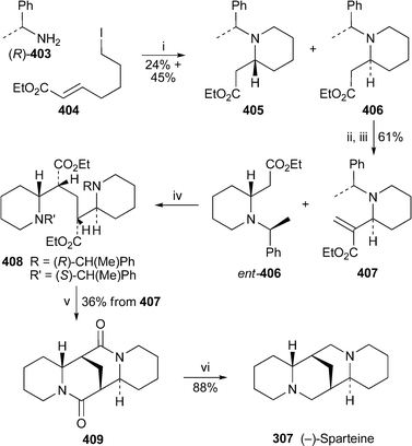 Reagents and conditions: i, NEt3, EtOH, reflux, 16 h, then chromatography; ii, LiHDMS, THF, −78 °C, 1 h, then EtOCH2Cl, −78 °C to rt over 4 h; iii, KOBut, THF, −78 °C, 8.5 h; iv, ent-406 + LDA, THF, −78 °C, 20 min, then 0 °C, 5 min, then −78 °C, 30 min, add 407, −78 °C to −30 °C over 5.5 h, then −30 °C, 3 h, quench with aq. HCl (1 M); v, NH4+ HCO2−, Pd(OH)2/C, EtOH, reflux, 14 h, then crystallise from Et2O; vi, LiAlH4, THF, reflux, 16 h.