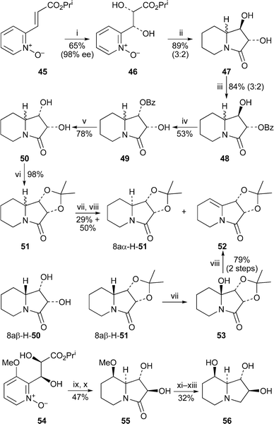 Reagents and conditions: i, AD-mix-β, MeSO2NH2, ButOH–H2O (1 : 1), rt, 24 h; ii, H2 (1 atm), PtO2 (cat.), MeOH, rt, 14 d; iii, PhCOCl (syringe pump), DMAP, py, −30 °C, 1 h; iv, (CF3SO2)2O, py, −30 °C to rt, then 1 h; v, NaOMe, MeOH, rt, 3 h; vi, (MeO)2CMe2, p-TsOH (cat.), CH2Cl2, rt, 2 h; vii, aq. NaOCl (12%), RuO2·xH2O (cat.), EtOAc, 0 °C, 9 h; viii, AcOH, CHCl3, rt, 1 h; ix, H2 (1 atm), 5% Pt/C, AcOH, rt, 7 d; x, NEt3, CHCl3, rt, 24 h; xi, aq. HBr (48%), 140 °C, 30 min; xii, BH3·SMe2, THF, rt, 32 h; xiii, ion exchange (Dowex 1-X8, OH− form, 100–200 mesh).