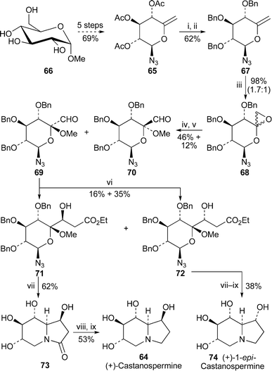 Reagents and conditions: i, NaOMe, MeOH, 1 min; ii, NaH, DMF, 0 °C, 30 min, then BnBr, rt, 3 h; iii, Na-EDTA, F3CCOMe, Na2CO3, oxone, MeCN, 0 °C, 1 h, rt, 30 min; iv, CSA, MeOH, rt, 10 min; v, TPAP, NMO, 4 Å molecular sieves, CH2Cl2, rt, 15 h, then chromatography; vi, LiCH2CO2Et (from LDA + EtOAc), THF, −78 °C to rt, 1.5 h, then chromatography; vii, H2 (500 psi), 5% Pd(OH)2/C, HCO2H, MeOH, 48 h; viii, TMSOTf, 2,6-lutidine, py, CH2Cl2, 0 °C, then rt, 12 h; ix, LiAlH4, THF, rt, 16 h, then H2O workup.