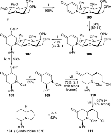 Reagents and conditions: i, 4-(trimethylsilyloxy)pyridine, ClCH2CH2C1, 70 °C, then TiCl4, reflux, 1 h; ii, TIPSOTf, CH2Cl2, rt, 30 min, then 2,6-lutidine, n-PrMgCl, then HPLC separation; iii, L-selectride, THF, −78 °C, 40 min, then PhSeCl, 2 h; iv, HCl (1 M), MeOH, 12 h; v, ClCO2Bn, aq. satd. NaHCO3, 2 h; vi, H2O2–urea complex, CH2Cl2–H2O (20 : 1), 2 h; vii, EtOCH(Me)O(CH2)3MgBr, CuBr·SMe2, BF3·OEt2, THF, −78 °C, 5 h, then aq. HCl (2 M)–THF (1 : 1), rt, 20 min; viii, NCS, PPh3, CH2Cl2, −40 °C, then rt, overnight, then chromatographic separation; ix, LiHMDS, THF, −78 °C, 1 h, then 5-Cl-2-NTf2-pyridine, rt, overnight; x, H2, 10% Pd/C, Li2CO3, EtOAc, 1 h.