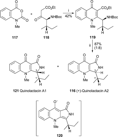 
            Reagents and conditions: i, DBU, 3 Å molecular sieves, CH2Cl2, 20 h; ii, TFA, EtOH, H2O, 2 h.