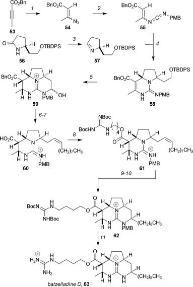 The Gin synthesis of batzelladine D. Reagents and conditions: (1) (MeHN)2CNMe2+ N3−, CHCl3, 84% (2 : 1 E : Z); (2) (a) PPh3, CH2Cl2, 75% E, 58% Z, (b) p-MeOC6H4CH2NCO, PhMe, 85 °C, 73% E, 67% Z; (3) Cp2ZrHCl, THF, −20 °C, 66%; (4) 1,2-DCE, 23 °C, 86% from (E)-55, 88% from (Z)-55; (5) (a) TBAF, THF, 99%, (b) [Ir(cod)pyr(PCy3)]PF6, H2 (400 psi), CH2Cl2, 80%, (c) IBX, DMSO, CH3CN, 98%; (6) 10% Pd(OH)2/C, AcOH, H2 (1 atm), MeOH, 99%; (7) Me(CH2)8PPh3, THF, 50 °C, 72%; (8) (BocHN)2CN(CH2)4OMs, Cs2CO3, DMF, 40 °C, 93%; (9) I2, K2CO3, DME, 70%; (10) 10% Pd/C, Et3N, H2 (1 atm), EtOAc, 89%; (11) TFA, 82%.