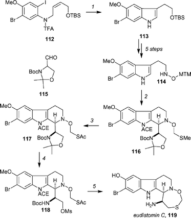 Fukuyama's synthesis of eudistomin C. Reagents and conditions: (1) cat. Pd(OAc)2, Et3N, BnEt3N+ Cl−, DMF, 80 °C, 66%; (2) 115, cat. Cl2CHCO2H, toluene, 0 °C, dr = 11 : 1; (b) nBuLi, THF, −78 °C; ACE-Cl, 89% (two steps); (3) SO2Cl2, CH2Cl2, −78 °C → rt then AcSH, iPr2NEt, 95%; (4) (a) aq. AcOH, THF, 80 °C, 61%, (b) MsCl, iPr2NEt, CH2Cl2, 0 °C, 98%; (5) (a) K2CO3, MeOH, reflux, 65%, (b) BBr3, CH2CH2, −78 °C → rt, 78%.