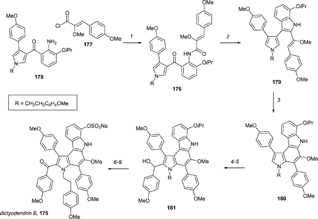The Fürstner synthesis of dictyodendrin B. Reagents and conditions: (1) 177, CH2Cl2, Et3N, cat. DMAP, 89%; (2) TiCl3–2KC8, DME, pyridine, reflux, 71–93%; (3) hν, MeCN, cat. Pd/C, PhNO2, 81%; (4) NBS, THF, 0 °C, 69%; (5) (a) MeLi, THF, −78 °C, (b) nBuLi, −78 °C; (c) p-MeOC6H4CHO, −78 °C → rt, 97%; (6) TPAP (10%), NMO, 4 Å MS, CH2Cl2 (0.01 M), 66%; (7) BCl3, CH2Cl2, −20 °C, 85%; (8) Cl3CCH2OSO2Cl, DABCO, CH2Cl2, 92%; (9) (a) BCl3, TBAI, CH2Cl2, 0 °C, rt, (b) Zn, HCO2− NH4+, MeOH, 58%.