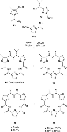 Synthesis of dendroamide A (64) via self-assembly of amino acid based azoles.