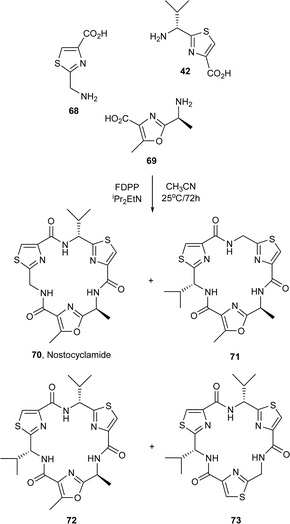 Synthesis of nostocyclamide (70) via self-assembly of amino acid based azoles.