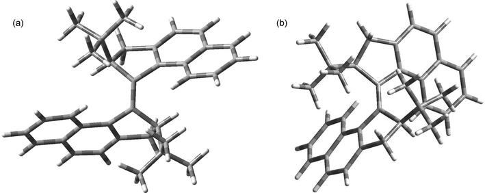 Calculated structures of the stable (a) and unstable (b) trans isomers of 5.