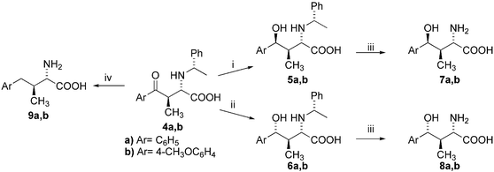 Stereodivergent reduction and catalytic hydrogenation of oxoamino acids 4. (i) NaBH4, MeOH, 0–5 °C, 5 : 6 > 92 : 8; (ii) NaBH4, MnCl2, MeOH, 0–5 °C, 5 : 6 > 5 : 95; (iii) 1 equiv. HBr, H2/Pd–C, MeOH–H2O, 25 °C; (iv) 3 equiv. HBr, H2/Pd–C, MeOH–H2O, 40 °C, 24 h.