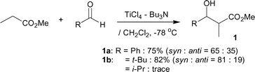 Ti-direct aldol-type addition of methyl propanoate to aldehydes.