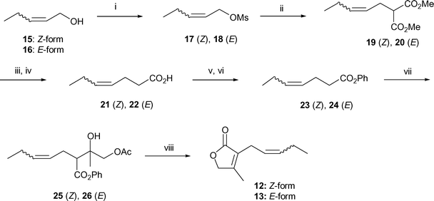 Synthesis of cis- and trans-jasmone lactone analogs 12 and 13. Reagents and conditions: (i) MsCl, Et3N, Et2O, 0–5 °C or MsCl, Et3N–cat. Me3N·HCl, toluene, 0–5 °C. (ii) Dimethyl malonate, NaH, DMF, 20–25 °C. (iii) 5 M KOH aq, MeOH–THF = 2 : 1, reflux. (iv) Heat at ca. 150 °C. (v) SOCl2, cat. DMF, hexane, reflux. (vi) PhOH, Et3N, MeCN, 0–5 °C. (vii) TiCl4, Et3N, CH2Cl2, then AcOCH2COCH3, −78 °C. (viii) 1.0 M aq KOH, MeOH–THF = 2 : 1, then 1.0 M aq HCl, 20–25 °C.