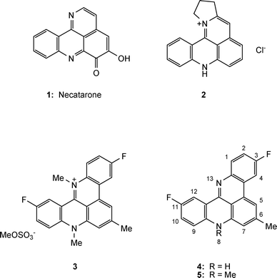 Structures of bioactive polycyclic acridines and numbering of the quino[4,3,2-kl]acridine ring system.