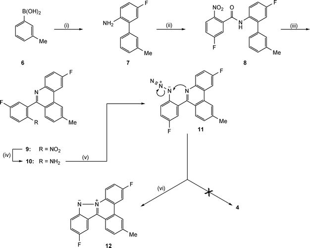 Attempted synthesis of quino[4,3,2-kl]acridine 4 from a 2-arylphenanthridine precursor (Route A). Reagents and conditions: (i) 2-bromo-4-fluoroaniline, tetrakis triphenylphosphine palladium (5 mol%), Na2CO3, DME–EtOH–H2O under nitrogen, reflux; (ii) 2-nitro-5-fluorobenzoic acid, DCC in CHCl3, 25 °C; (iii) POCl3, 90 °C; (iv) tin(ii) chloride dihydrate, EtOH, reflux, then NaOH; (v) NaNO2, 1 M H2SO4, 5 °C, then NaN3; (vi) 214 °C in 1,2,4-trichlorobenzene.
