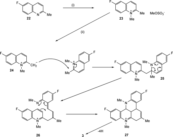 Synthesis of quino[4,3,2-kl]acridine 3 from 6-fluoro-2-methylquinoline (Route C). Reagents and conditions: (i) Me2SO4 at 100 °C; (ii) NEt3 in nitrobenzene, 120 °C, 24 h.