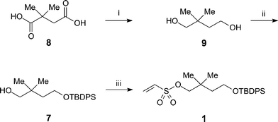 Synthesis of 4-(tert-butyldiphenylsilanyloxy)-2,2-dimethylbutyl ethenesulfonate 1. Reagents and conditions: (i) LiAlH4, ether, reflux, 85%; (ii) TBDPS-Cl, imidazole, DMF, rt, 79%; (iii) 2-chloroethanesulfonyl chloride, Et3N, DCM, rt, 93%.