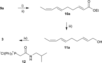 
          Reagents and conditions: i) DMSO, (COCl)2, CH2Cl2, −78 °C, then Et3N; ii) (EtO)2POCH2COOEt, NaH, Et2O, 71%; iii) DIBAL, Et2O, 87%; iv) a) DMSO, (COCl)2, CH2Cl2, −78 °C, then Et3N; b) 12, KOt-Bu, THF, 0 °C, 63%.