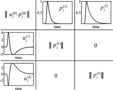 Visualization of the meaning of the filter functions uj(1,2): At the top of the table, the fluorescence decay curves of the two states 1 and 2 are depicted. The filter functions, shown at the left side of the table, are designed in such a way that element-wise multiplication and summation of these functions with the fluorescence decay curves yields the identity matrix. In the table, we used the abbreviation.