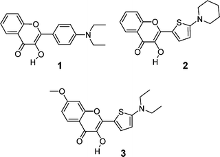 Chemical structures of the 4′-(dialkylamino)-3-hydroxyflavone reference dye 1 and the new 2-(2-thienyl)-3-hydroxychromone dyes 2 and 3.
