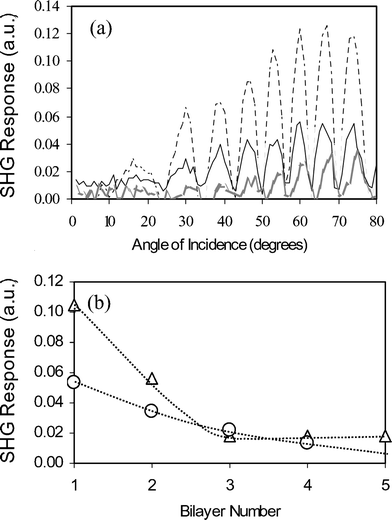 (a) The SHG intensity as a function of the incidence angle for a single bilayer of PEI–O2N–azo–(CH2)10–SO3− (), PEI–CN-azo-(CH2)10–SO3− (—), and PEI–CH3CO-azo-(CH2)10–SO3− (). (b) The SHG response at ∼60° angle of incidence (6th fringe) as a function of layer number for the O2N-azo-(CH2)10–SO3− (△) and CN-azo-(CH2)10-SO3− system (○). Reprinted with permission from ref. 67, copyright American Chemical Society.