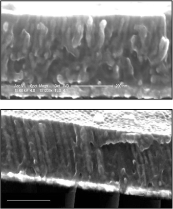 Cross sectional SEM images of electrodeposited nanowires in a nanoporous PFS template annealed for (a) 14 h (b) 35 h under a field of 155 V µm–1. The scale bars represent 200 nm.