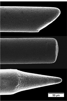 SEM images of different diamond microelectrode architectures that can be produced: bevelled, cylindrical and conical. The substrate was a platinum wire overcoated with a polycrystalline boron-doped diamond film.
