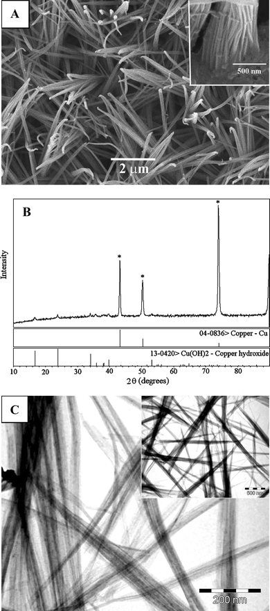 (A) SEM image of Cu(OH)2 nanowires grown on the Cu surface. Inset: the morphology of wheat-like Cu(OH)2 nanowires at the bottom. (B) XRD pattern of Cu(OH)2 samples. (C) TEM image of Cu(OH)2 nanowires. Scale bars: (A) 2 µm and inset 500 nm, and (C) 200 nm and inset 500 nm.